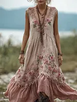 Vintage Pink Roses Embroidered Flowy Linen Maxi Dress