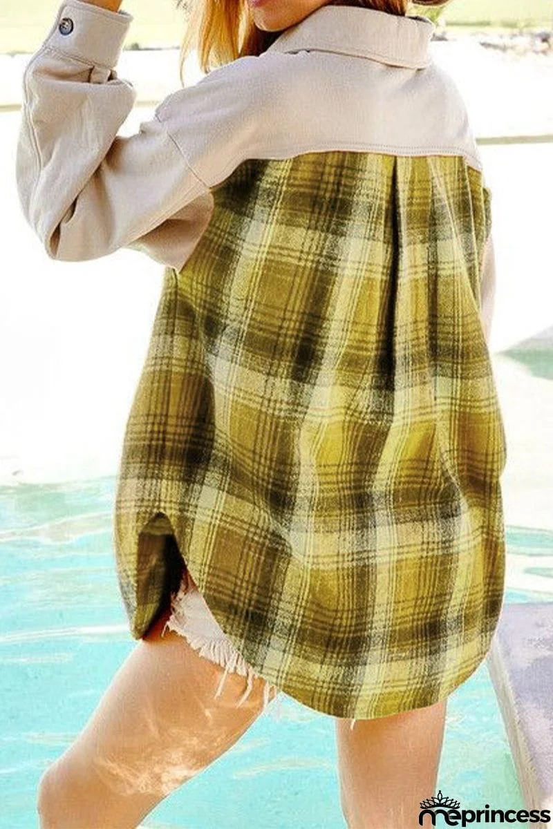 Street Plaid Patchwork Pocket Turndown Collar Blouses(3 Colors)