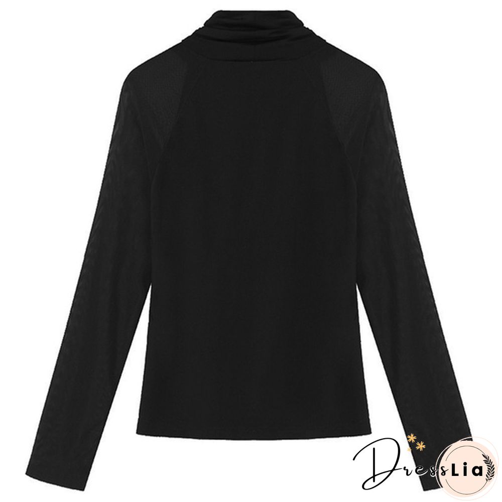 New Fashion Lady Blouse Lace Mesh Turtleneck Long Sleeves Slim Thin Patchwork Spring and Autum Shirt
