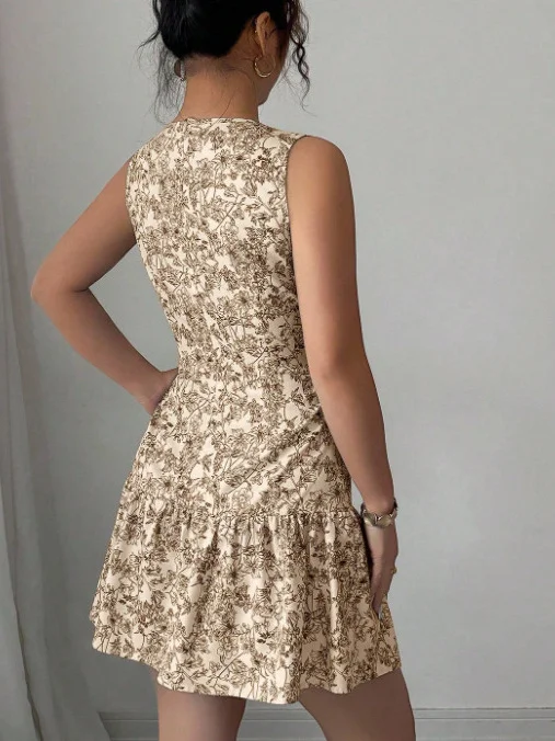 Nigikala Nigikala French Elegant Floral Print Sleeveless Bundle With Mini Dress