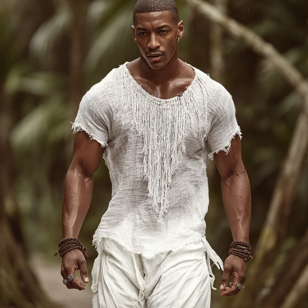 Men's Retro Suede Tassel Short-Sleeve T-Shirt Jungle Holiday Casual Tribal Ethnic Style Top-inspireuse