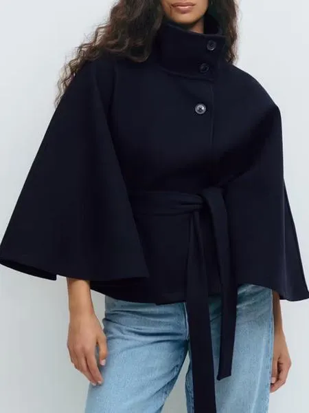 Women's Plain Front Buckle Belted Woolen Cape Coat, Casual Fall & Winter Outerwear, Stylish Daily Wear for Dating, Jackets