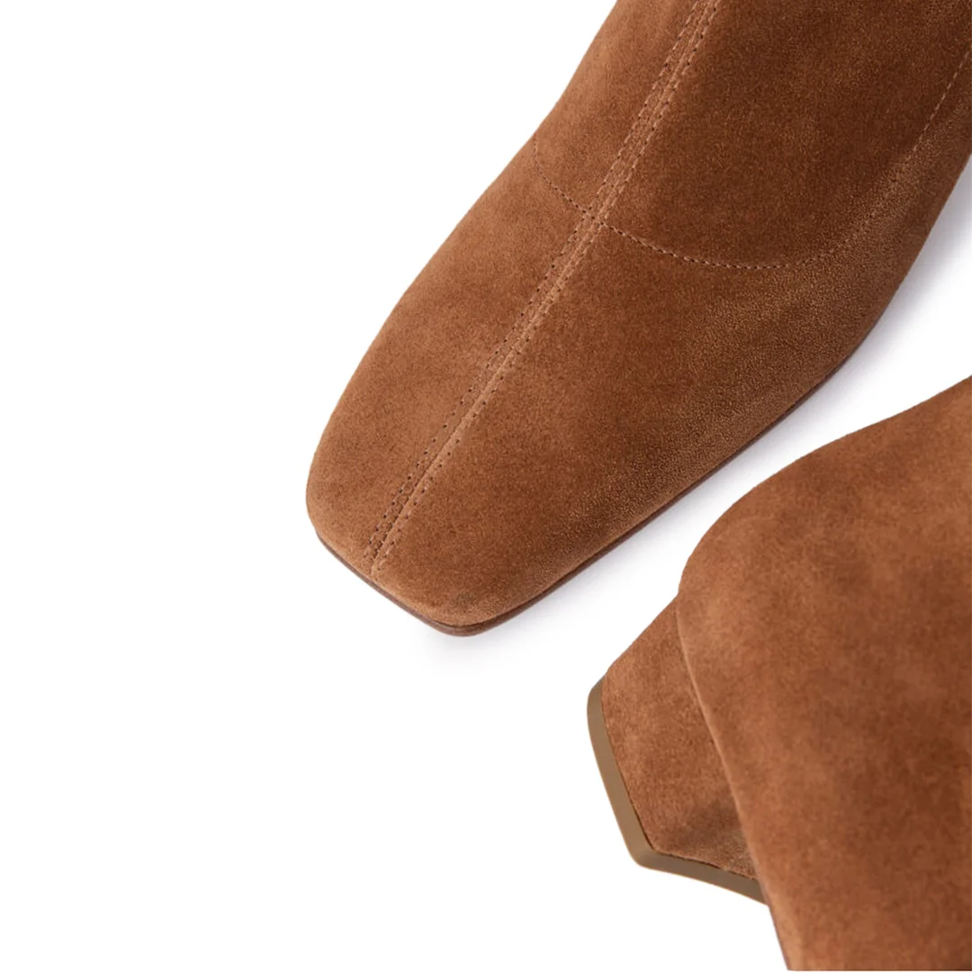 Brown Faux Suede Sophisticated Square Toe Side-Zipper Ankle Booties