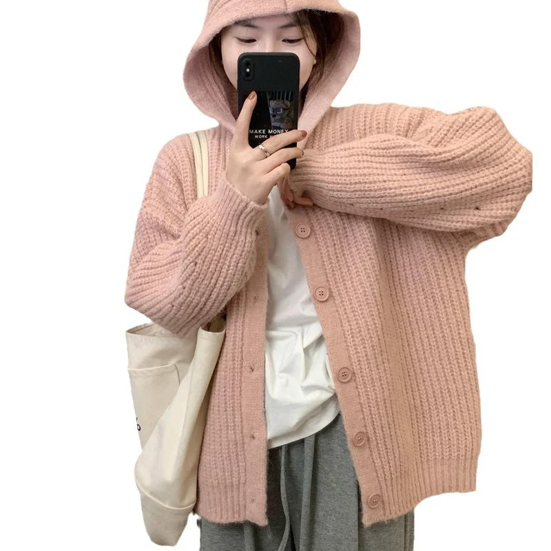 Toloer Toloer Recommend Korean Soft Waxy Twist Flower Sweater Coat Female Autumn And Winter Solid Color Loose Thick Needle Hat Knit Cardigan Jacket-Outfit Ideas