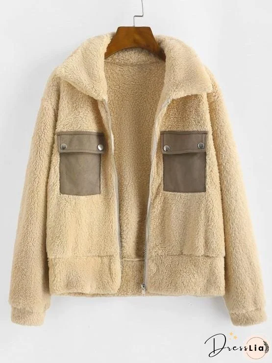 Faux Fur Flap Pocket Fluffy Zip Jacket