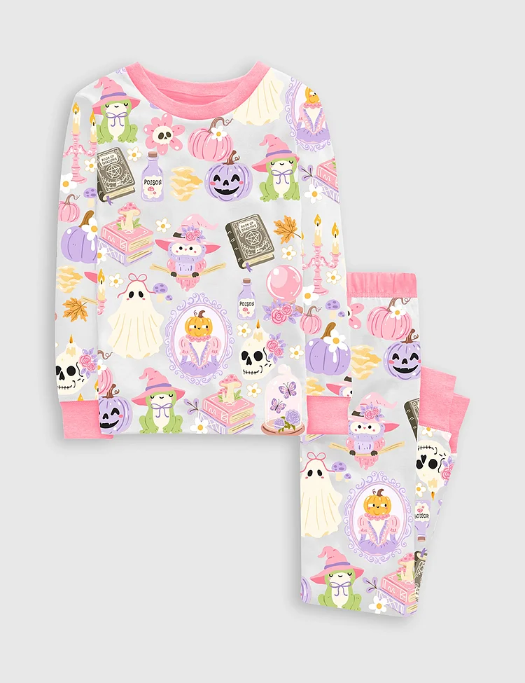 Kid's Witchy Halloween Spooky Halloween Aesthetics Witchy Coquette Pastel Halloween Witch Print Long Sleeve Pajama Set