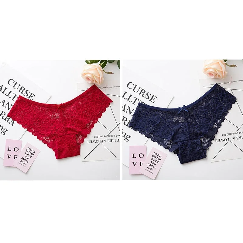 Women Sexy Lace Lingerie Low-waist Panties Embroidery Tempting Briefs Transparent Hollow out Underwear Female Underpants