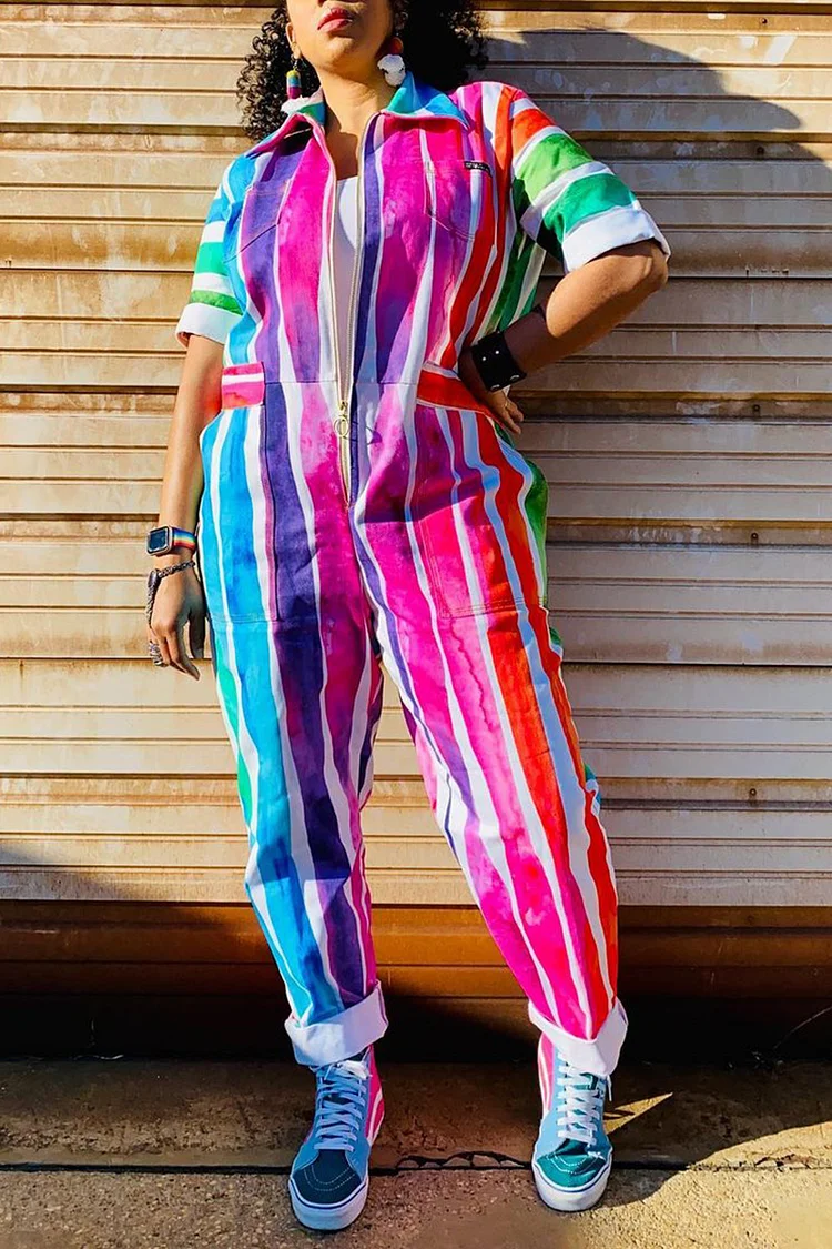 Plus Size Casual Colorful Rainbow Lapel Half Sleeve Zipper Jumpsuits [Pre-Order]