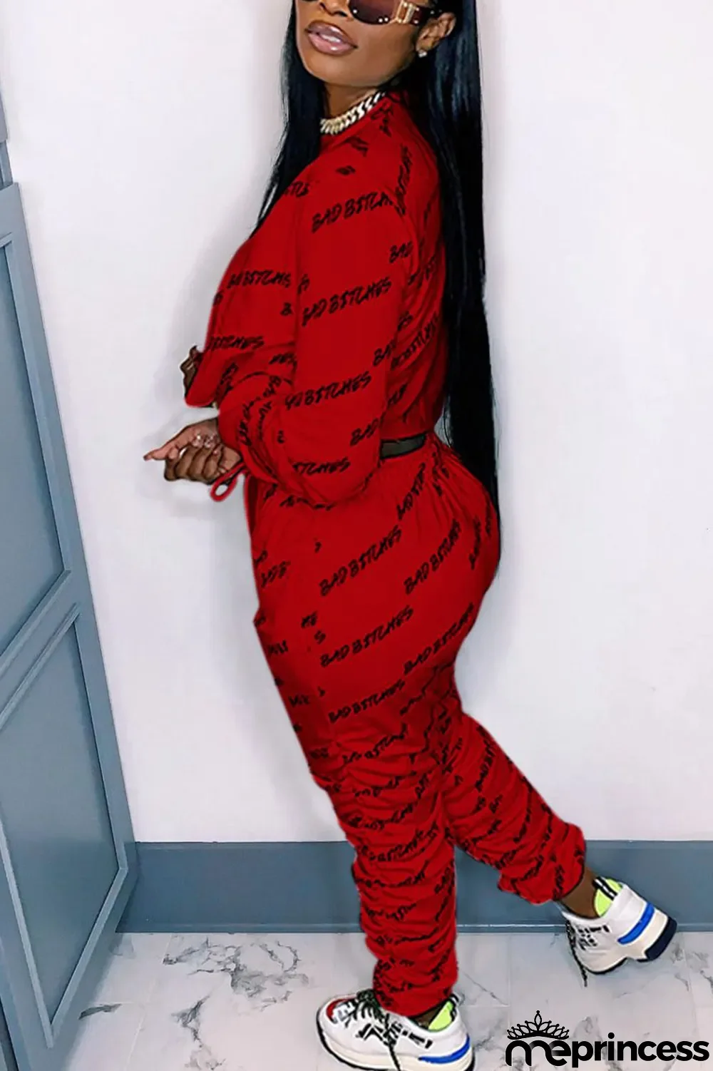 Red Street Print Fold O Neck Long Sleeve Two Pieces