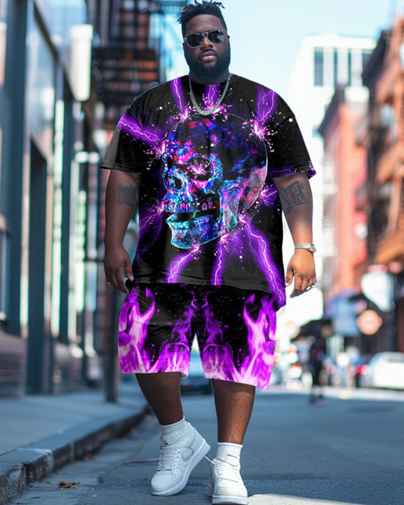 Men's Plus Size Street Fashion Electric Shock Spark Skull Print T-Shirt Shorts Set