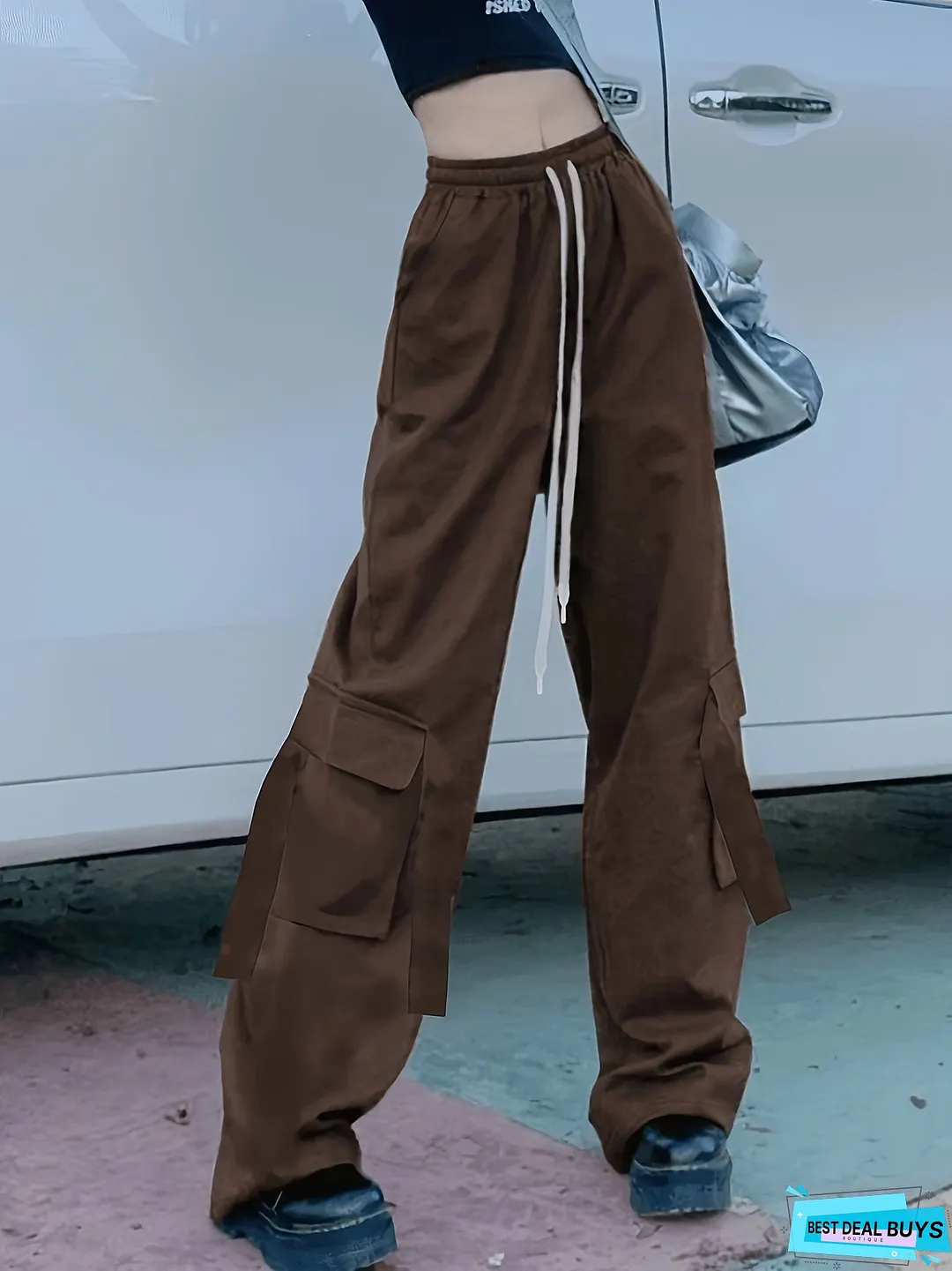 Solid Wide Leg Cargo Pants, Y2K Drawstring Streetwear Baggy Pants With Pocket, Women's Clothing