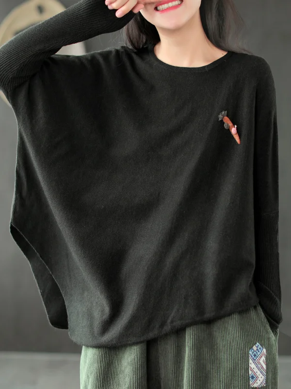 Simple Loose Long Sleeves Solid Color Round-Neck Sweater Tops
