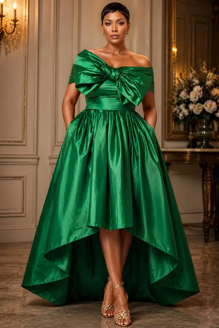 Xpluswear Design Plus Size Formal Green Off The Shoulder Pocket Asymmetric Hem Irregular Hem Satin Maxi Dresses [Pre-Order] 2024 - Xpluswear