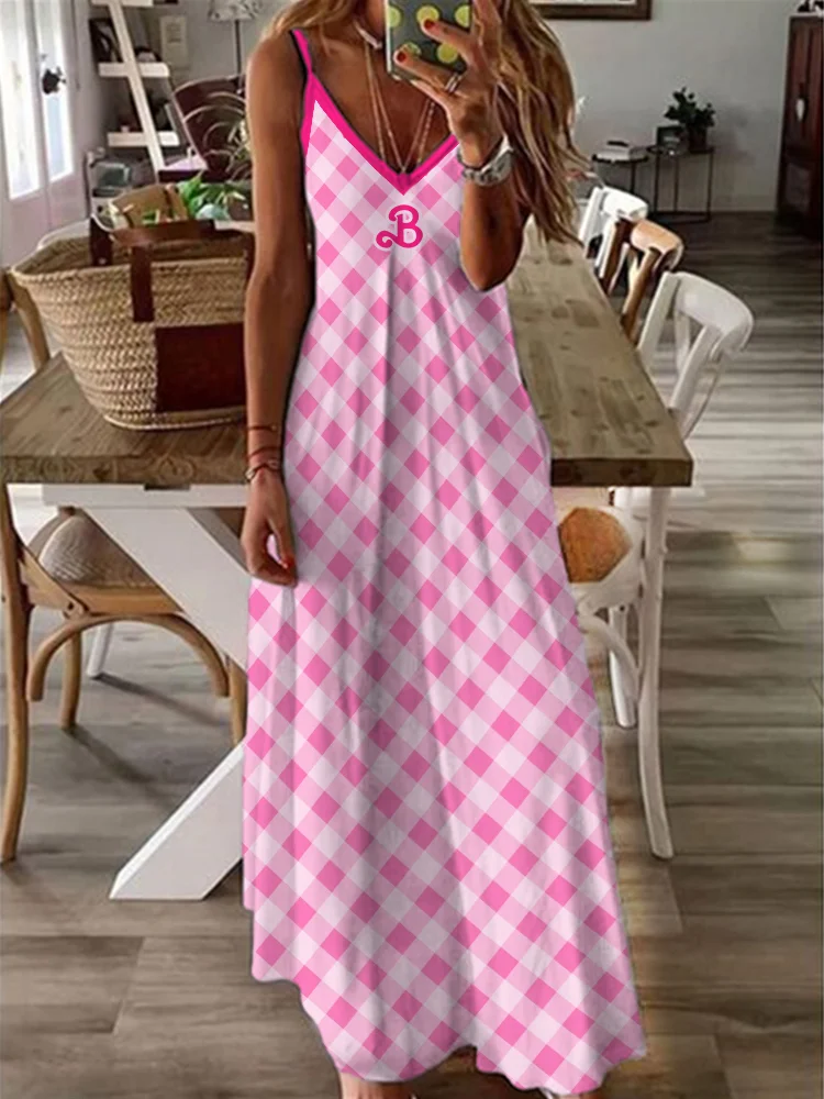 Classic Pink Check V Neck Cami Maxi Dress