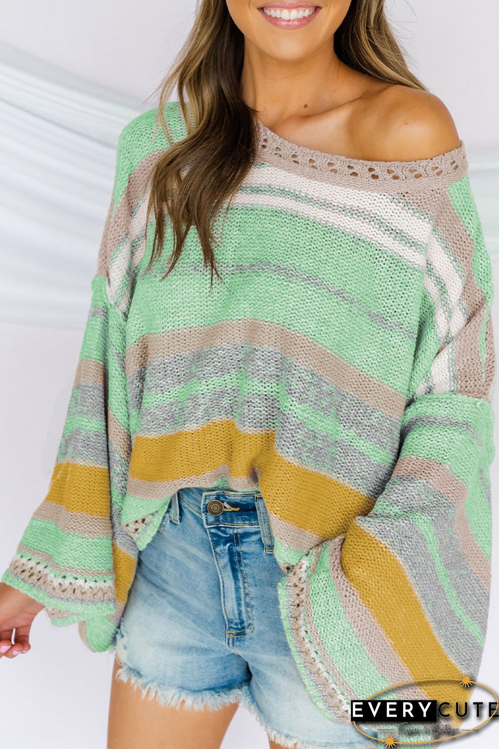 Green Striped Bell Sleeves Loose Sweater