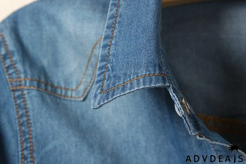 Puff Sleeve Bow Neck Denim Shirt