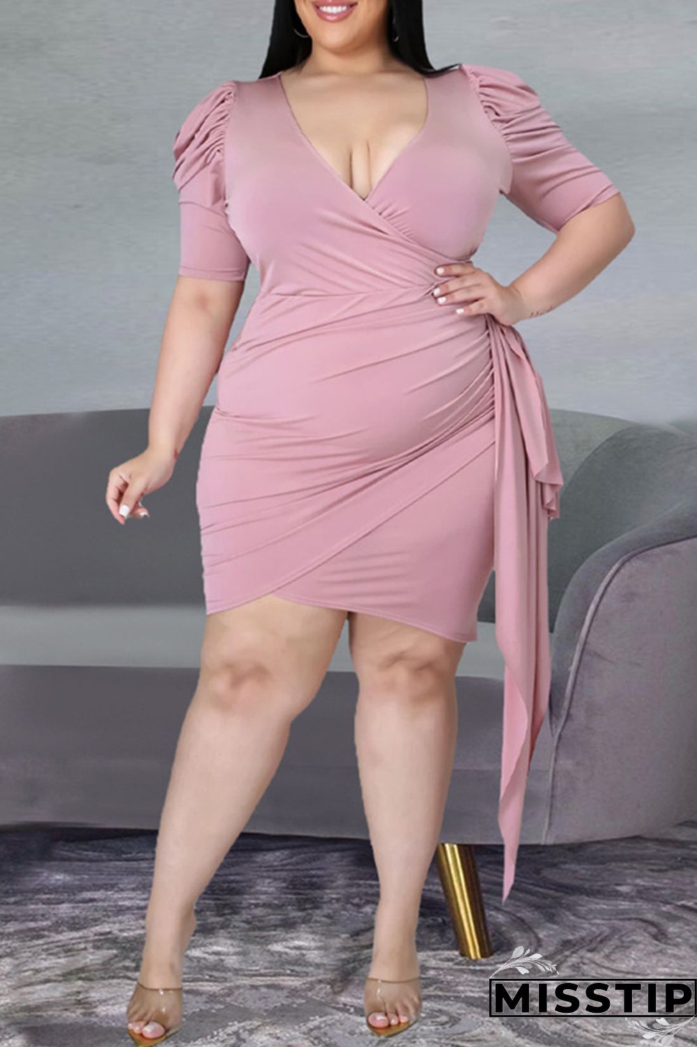 Pink Fashion Casual Plus Size Solid Basic V Neck Short Sleeve Dress