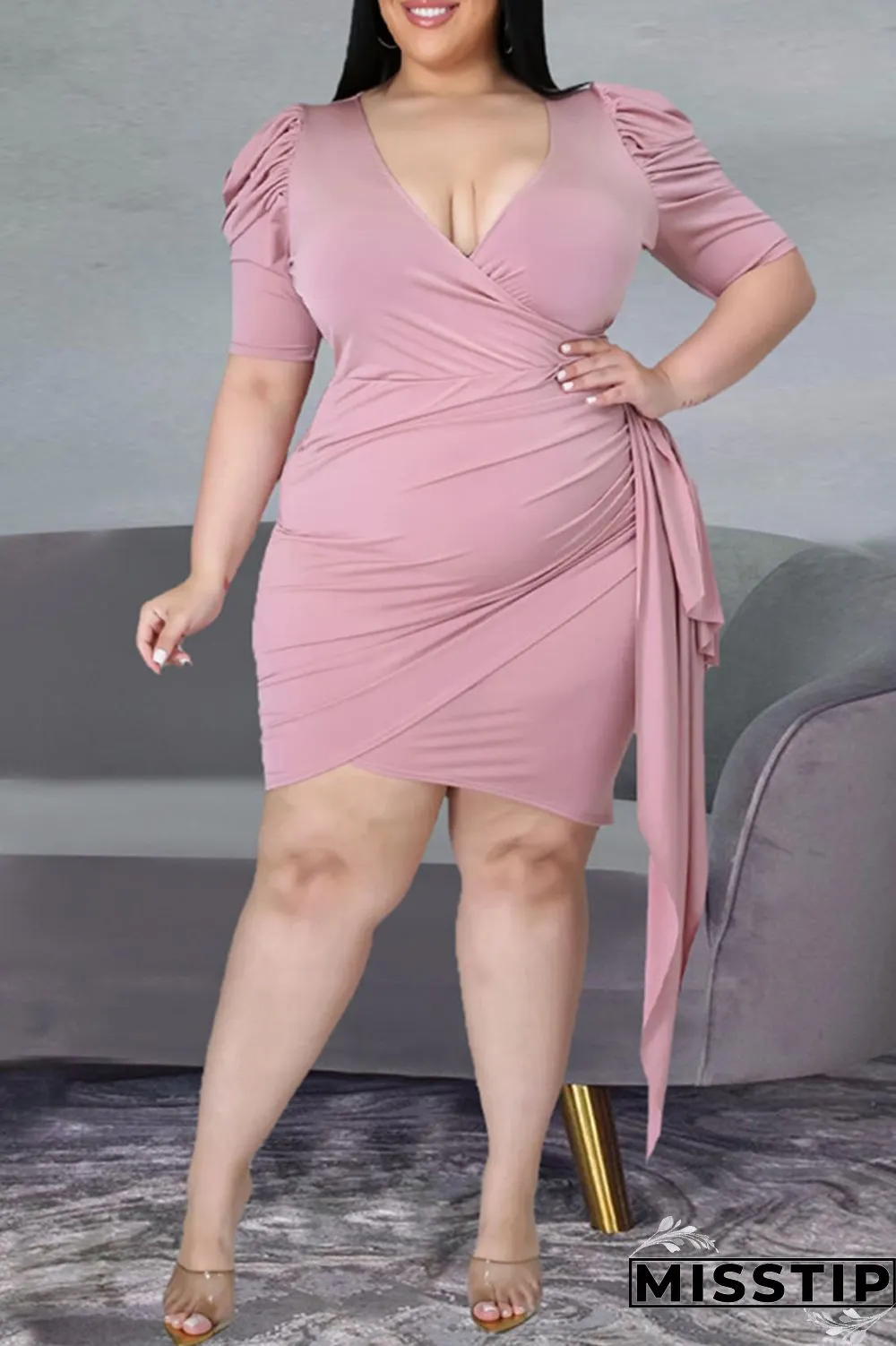 Pink Fashion Casual Plus Size Solid Basic V Neck Short Sleeve Dress