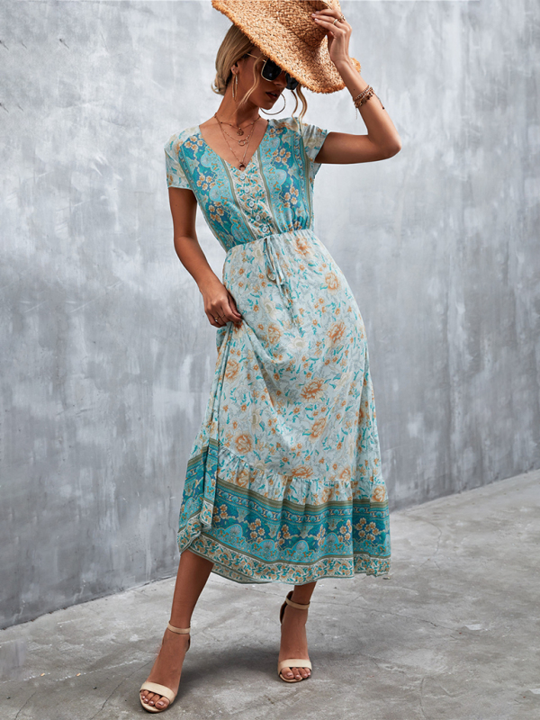 Mature Women Casual Summer Woven V-Neck Long Bohemian Dress