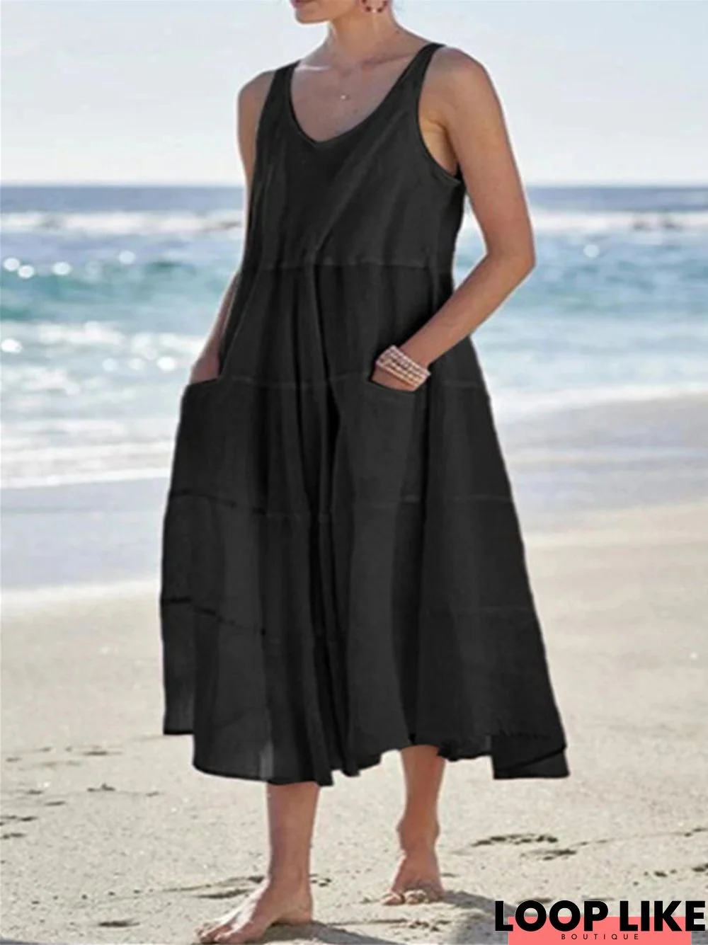 Sleeveless Multi-Layer Beach Dress In Cotton and Linen Black Dresses