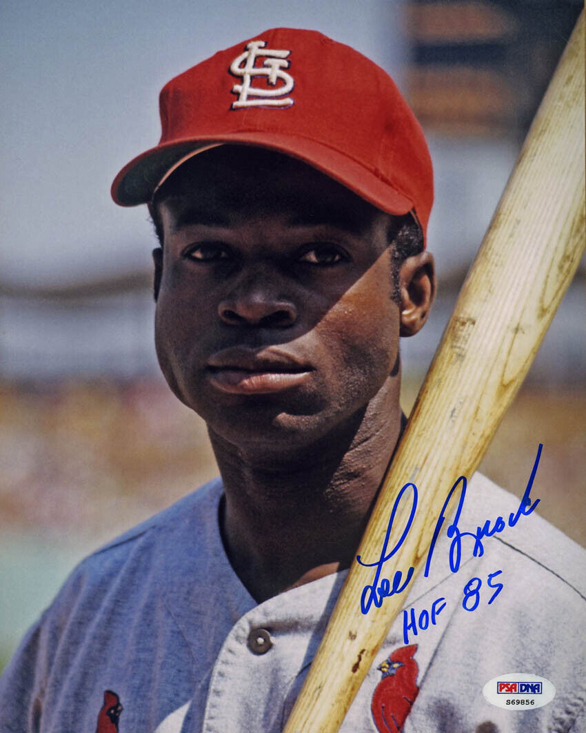 Lou Brock SIGNED 8x10 Photo Poster painting Cardinals + HOF 85 PSA/DNA AUTOGRAPHED