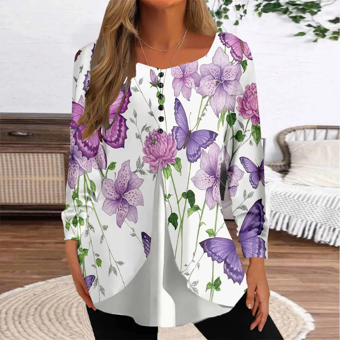 Women Graphic,Purple DZGG8321 Long Sleeve Scoop Neck Printed Graphic Button Fake 2in1 Tops