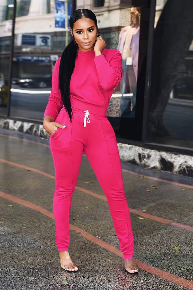 Sports Solid Color Pant Set Long-Sleeved Pullover Top + Drawstring Trousers Suit