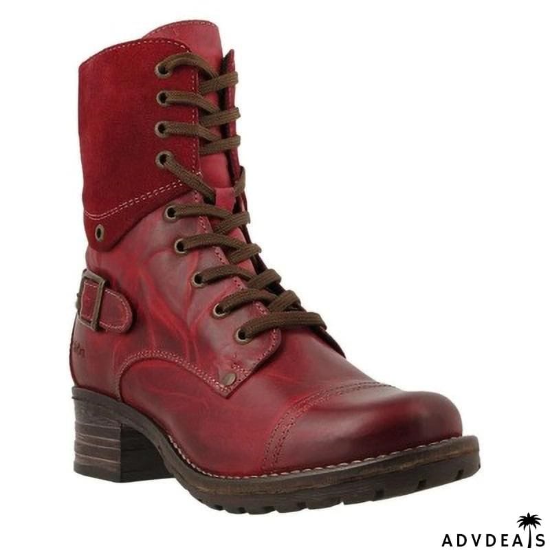 Vintage Style Ankle Harness Strap Lace-Up Block Heel Boots