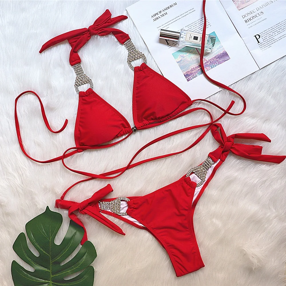 Uveng Uveng Vacation Solid Color Sexy Strap Swimsuit 2023 New Bikini Rhinestone Bathing Suit