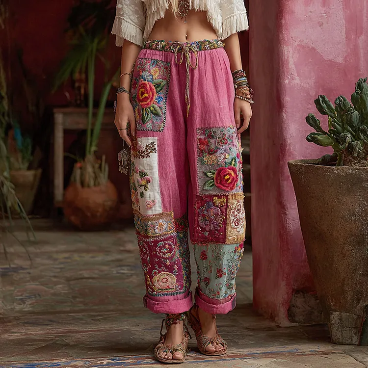 Women's Vintage Rose Floral Embroidery Art Linen Pants