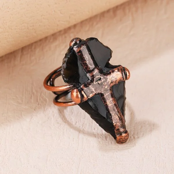 Natural Black Obsidian Vintage Cross Rings
