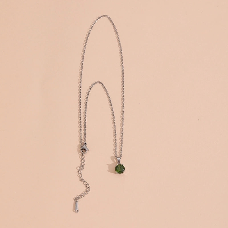 304 Stainless Steel Copper Inlay Round Artificial Crystal Zircon Pendant Necklace