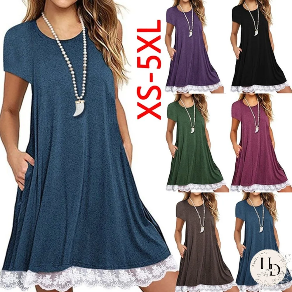 Women Summer O-neck Short Sleeve Mini Dress Ladies Fashion Lace Patchwork Tunic T Shirt Dress with Pockets Casual Loose Party Beach Dress Plus Size XS-5XL