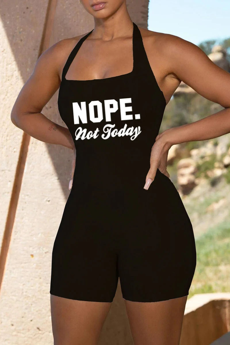 Fashion Casual Letter Print Backless Halter Skinny Romper
