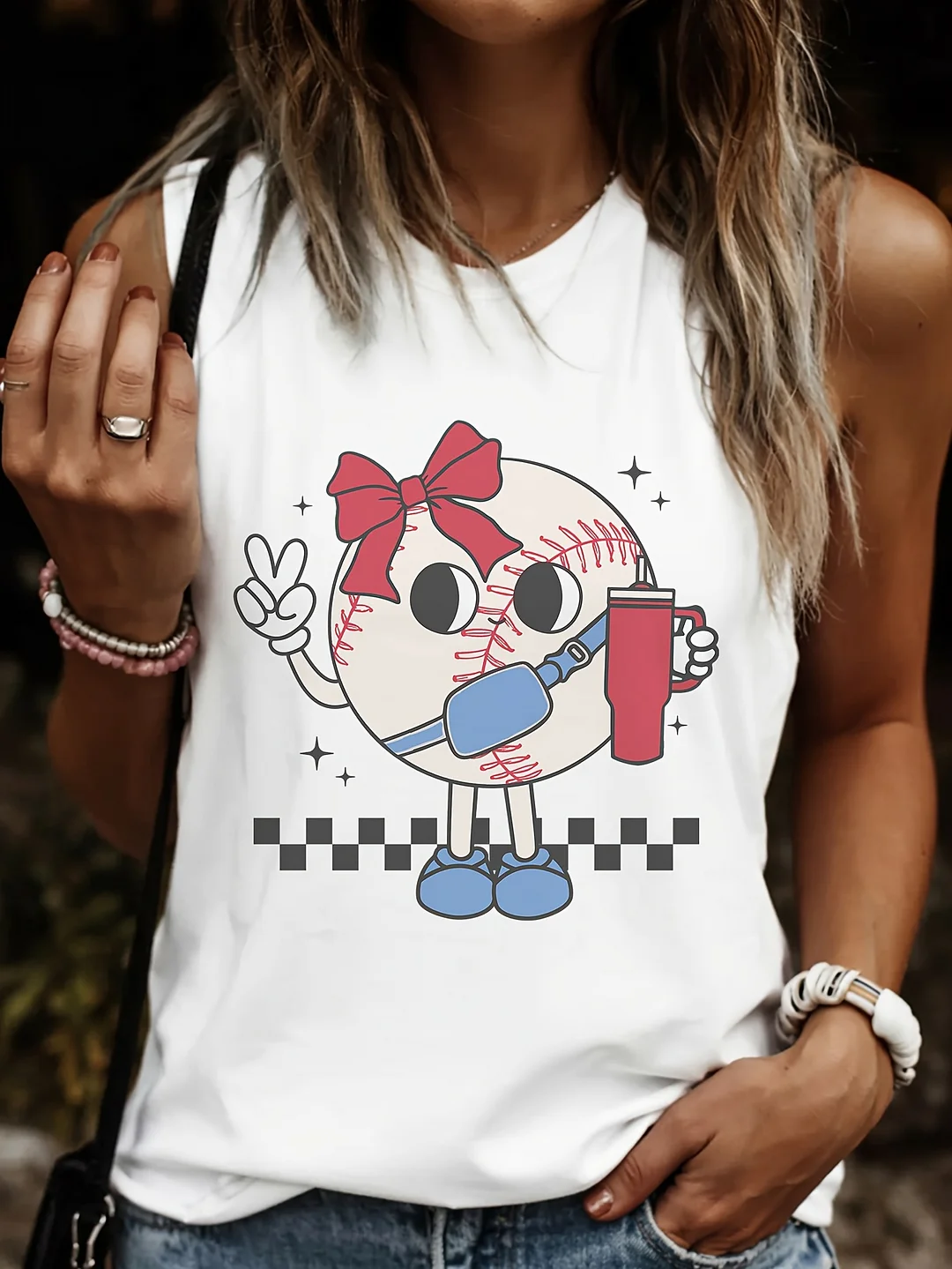 Sleeveless Vest Casual Crewneck Blouse With Baseball Needlework Pattern And Red Bow Design Pattern, Stretch Casual Sleeveless Top, Machine Washable, Daily Wear In All Season | IFYHOME