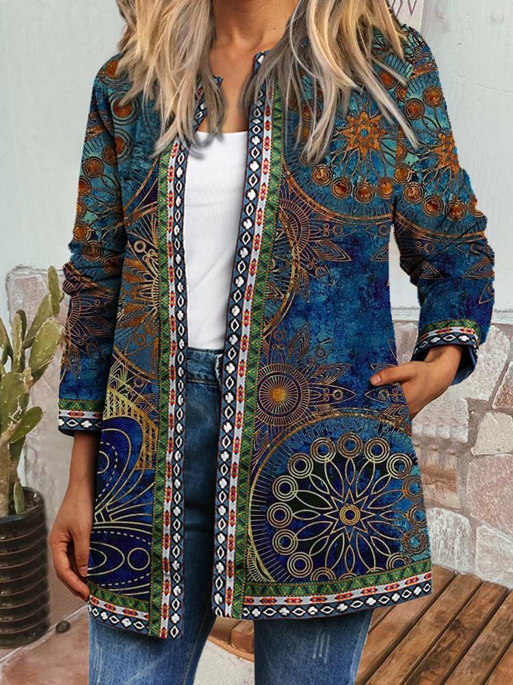 Women Long Sleeve Scoop Neck Polka Dot Geometric Stitching Coat