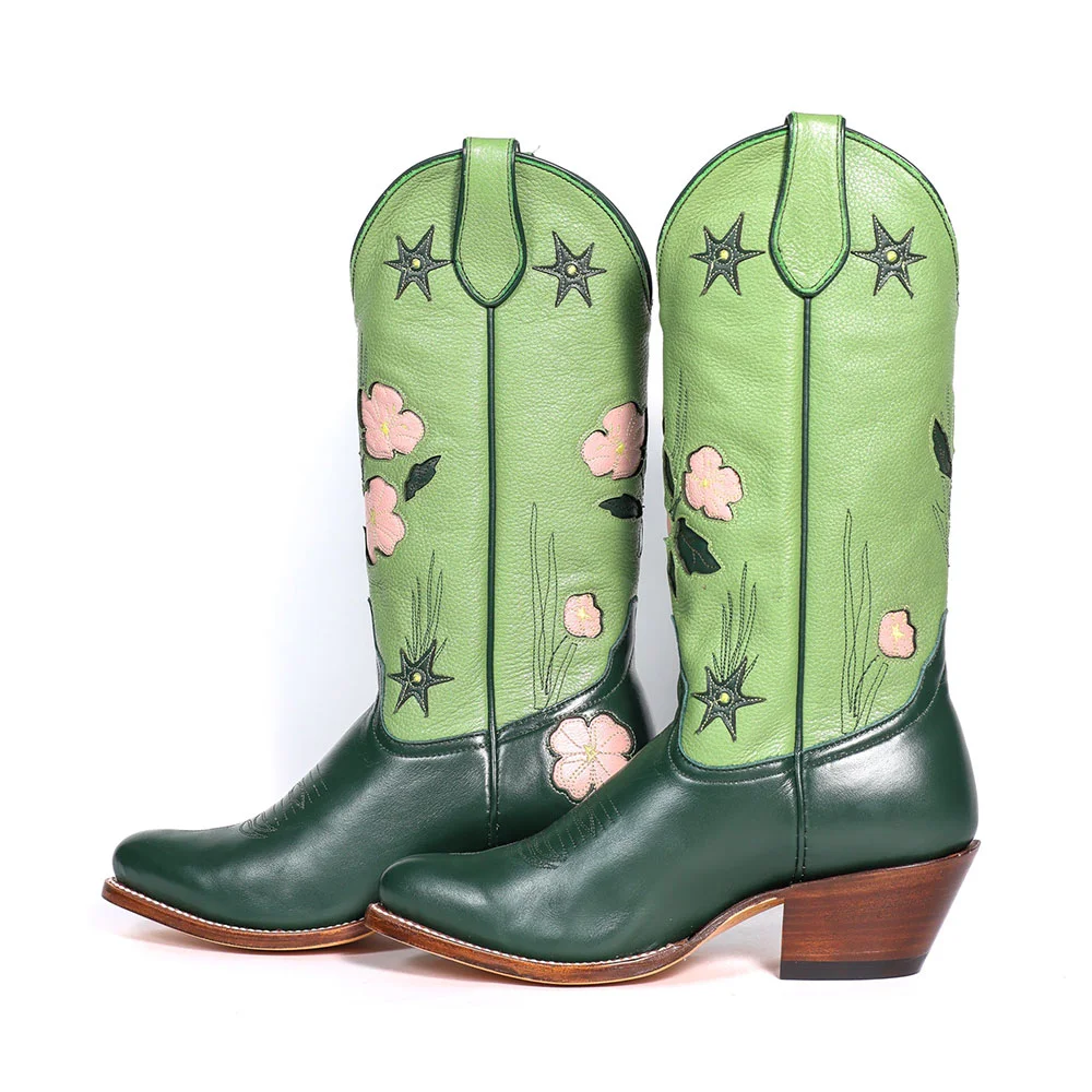 YDN Green Round Toe Stacked Heel Floral Pull-On Cowgirl Boots