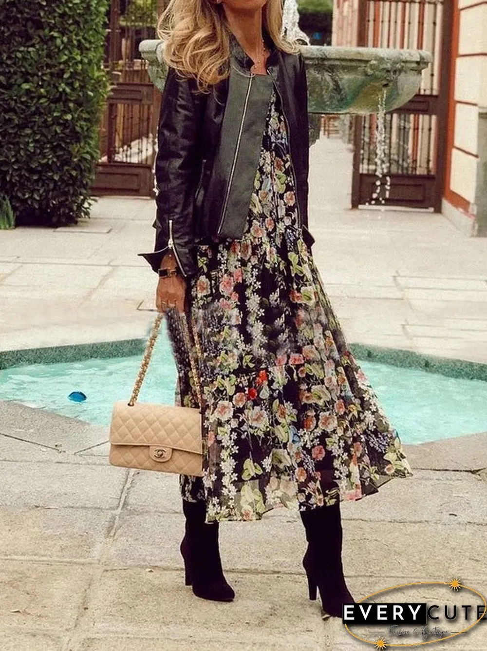 Women'S Dresses Loose V-Neck Lace-Up Print Dress