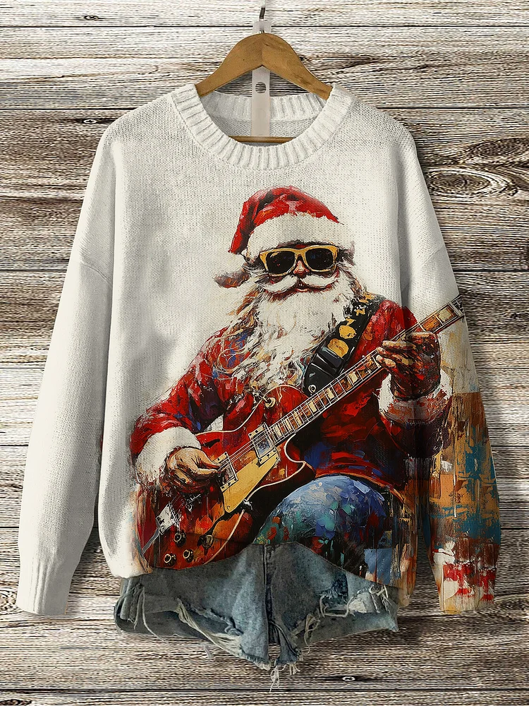 Women's Santa Claus Plays Guitar Print Knit Sweatshirt