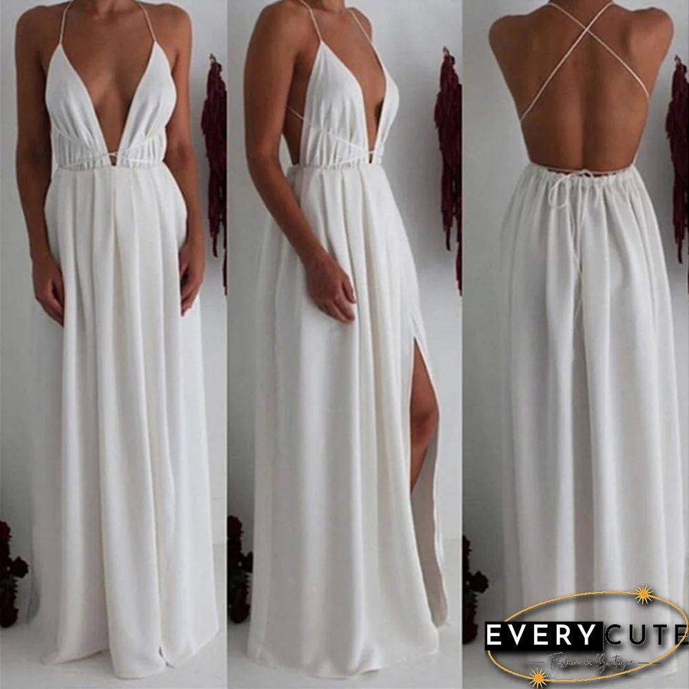 Women Fashion Sexy V-neck Sling Halter Chiffon Bohemian Split Sleeveless Solid Color Dress