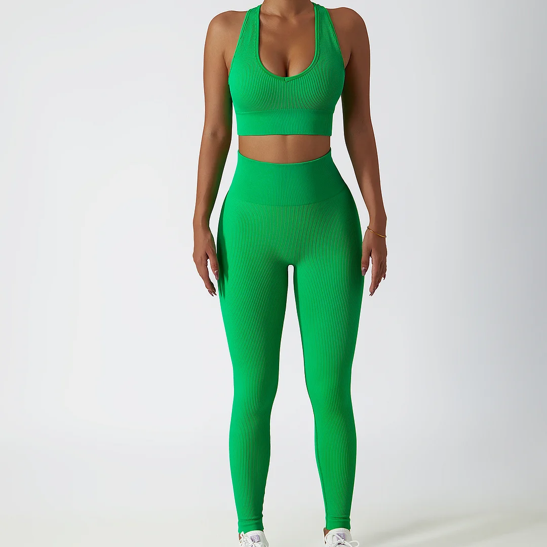Hergymclothing Nutmeg Green activewear sets for women - u neck sports bra + butt lifting gym leggings for sale