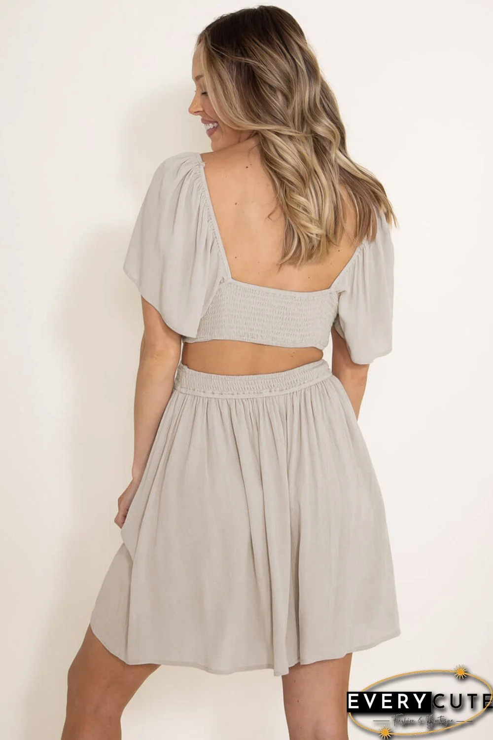 Beige Fake Two-Piece Cutout Ruffle Flowy Dress