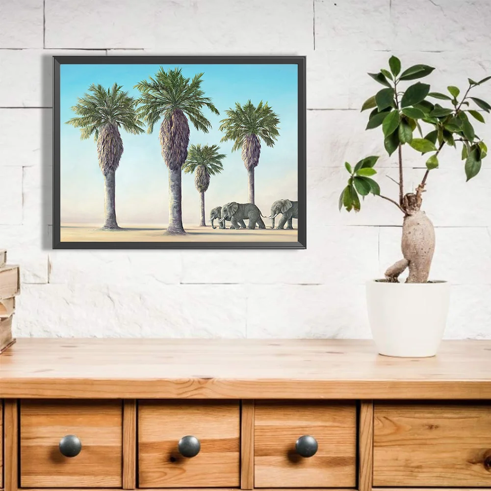 Full Round Diamond Painting 35*30cm - Palm Trees And Elephants