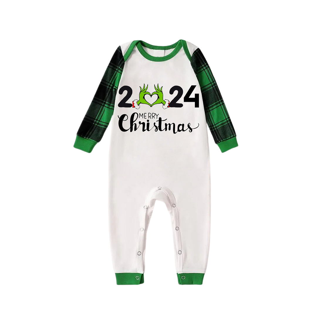 2024 Merry Christmas Text Print Long Sleeve Top With Green & Black Plaid Christmas Matching Pajamas