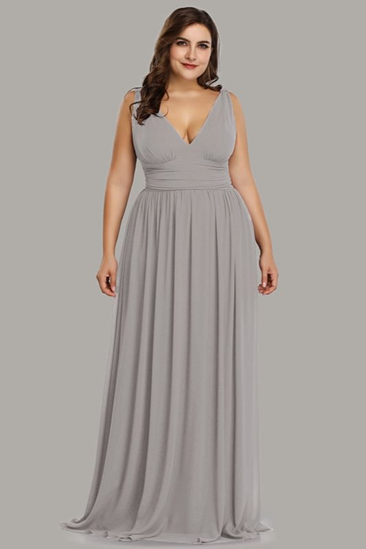 grey v-neck long plus size prom dress