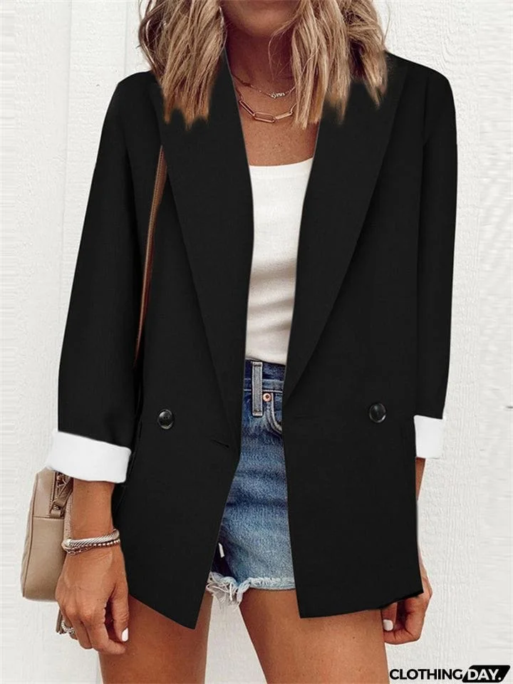 Casual Business Button Lapel Solid Color Long-Sleeved Blazer Coat