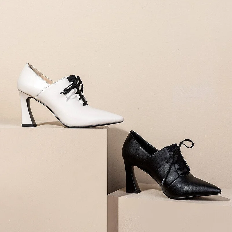 High Heels Hoof Pumps Women Lace Up Pumps Cow Leather Shoes Female Fashion Pointed Toe OL Shoes Women Autumn 2019 New