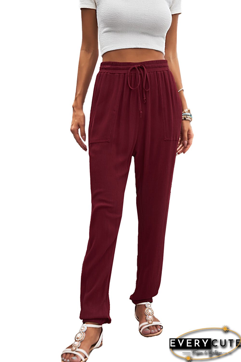 Wine Red Drawstring Elastic Waist Joggers with Pockets
