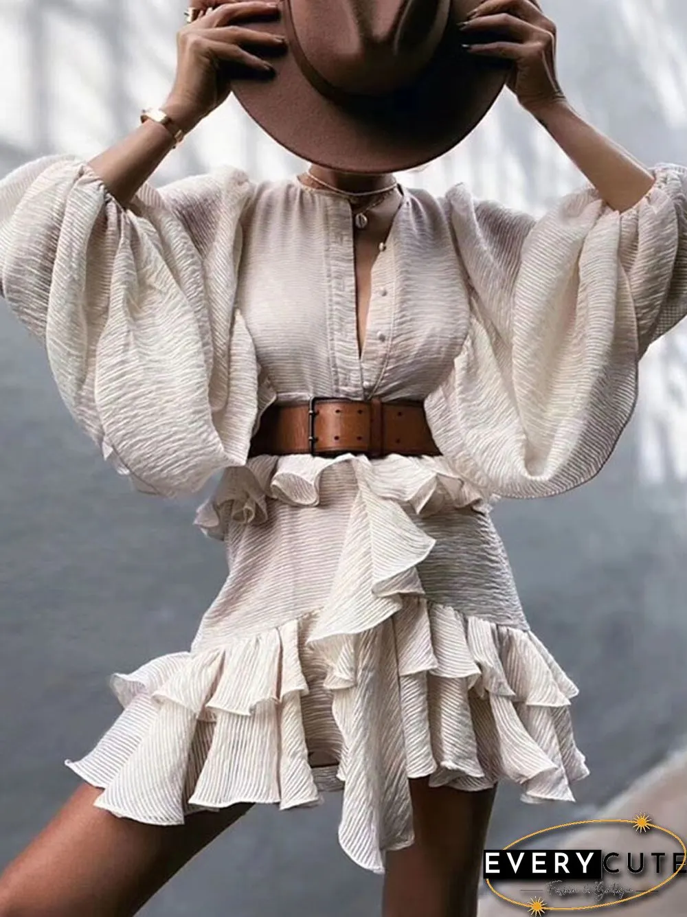 Lantern Ruffled Waist Slim Dress