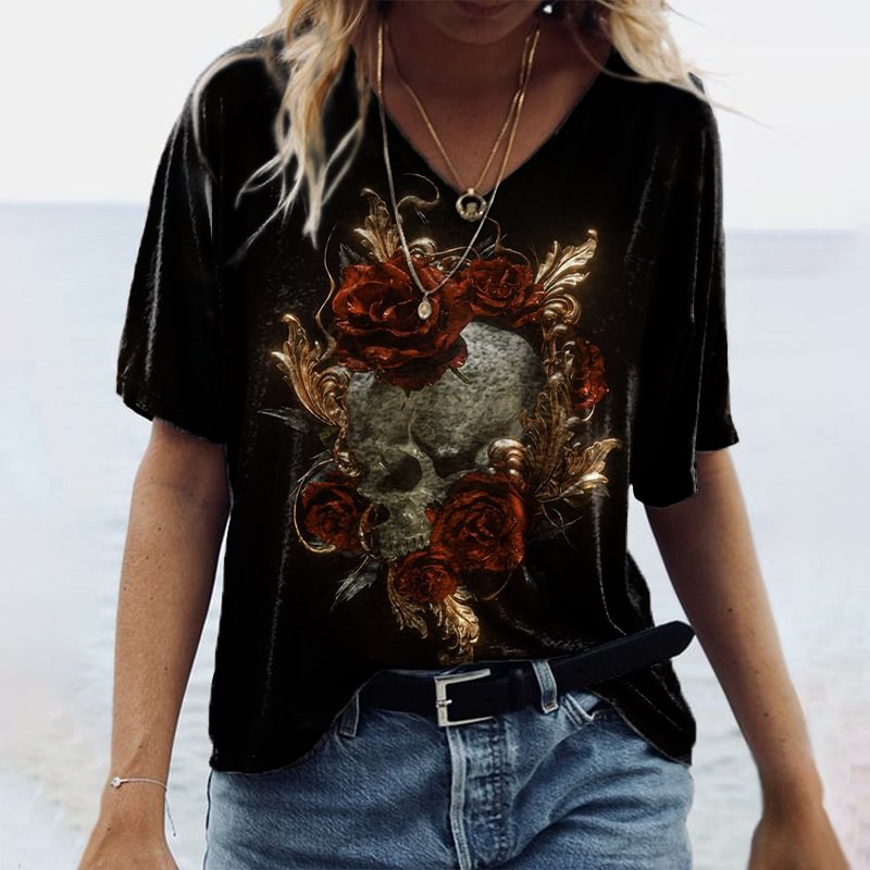 Rose flower and skull graphic tees designer